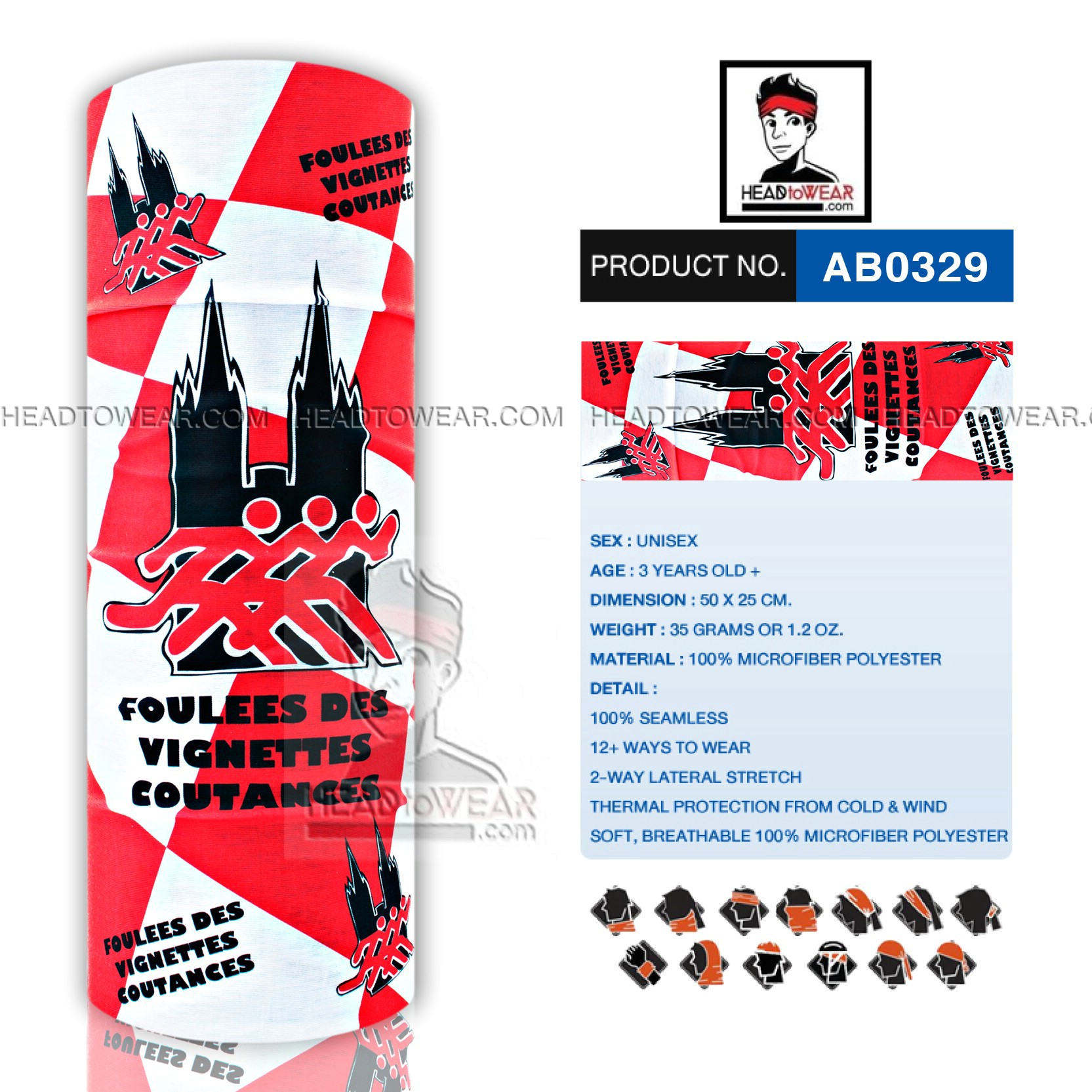ผ้าโพกหัว ผ้าบัฟ ผ้าคาดผม HeadToWear ลายนักวิ่งโทนขาว-แดง รหัส AB0329