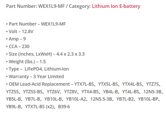 แบตเตอรี่ สำหรับรถจักรยานยนต์ E-LITHIUM WEX1L9-MF W-STANDARD