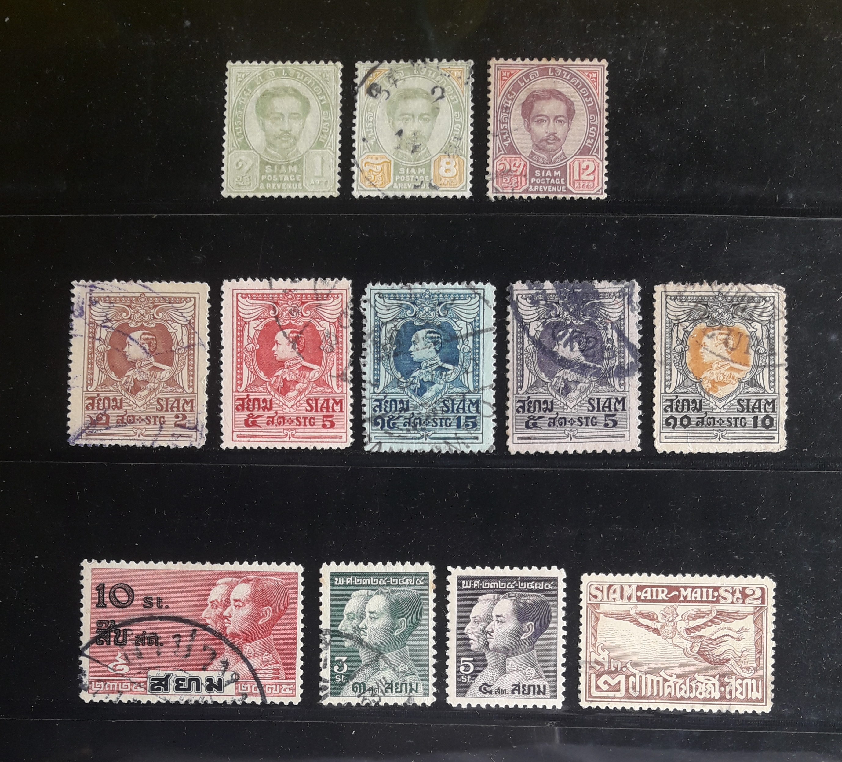 s3268-แสตมป์ ร.5 พระพักตร์ตรง ปี 2430 +ร.6 ปีกครุฑ ปี 2462 +ร.7 150 ปี ราชวงศ์จักรี 2475 +ครุฑ อากาศไปรษณีย์ รวม 12 ดวง ใช้แล้ว ราคาเบา น่าสะสมครับ