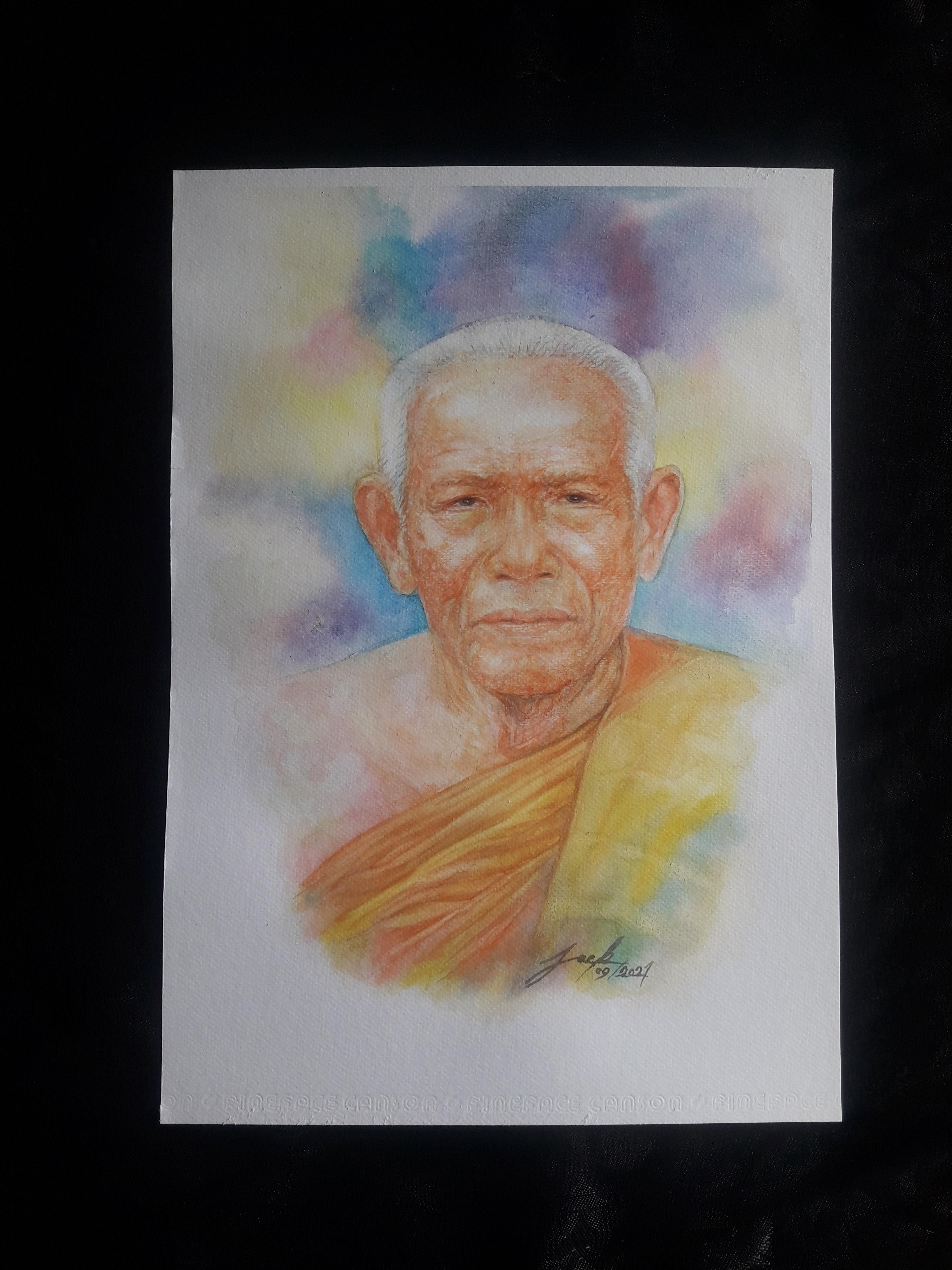หลวงพ่อสุด วัดกาหลง จ.สมุทรสาคร ภาพวาดสีน้ำ บนกระดาษ Canson 320 แกรม ขนาด A3 งานวาดต้นฉบับ ไม่ใช่ภาพพิมพ์หรือโปสเตอร์ครับ