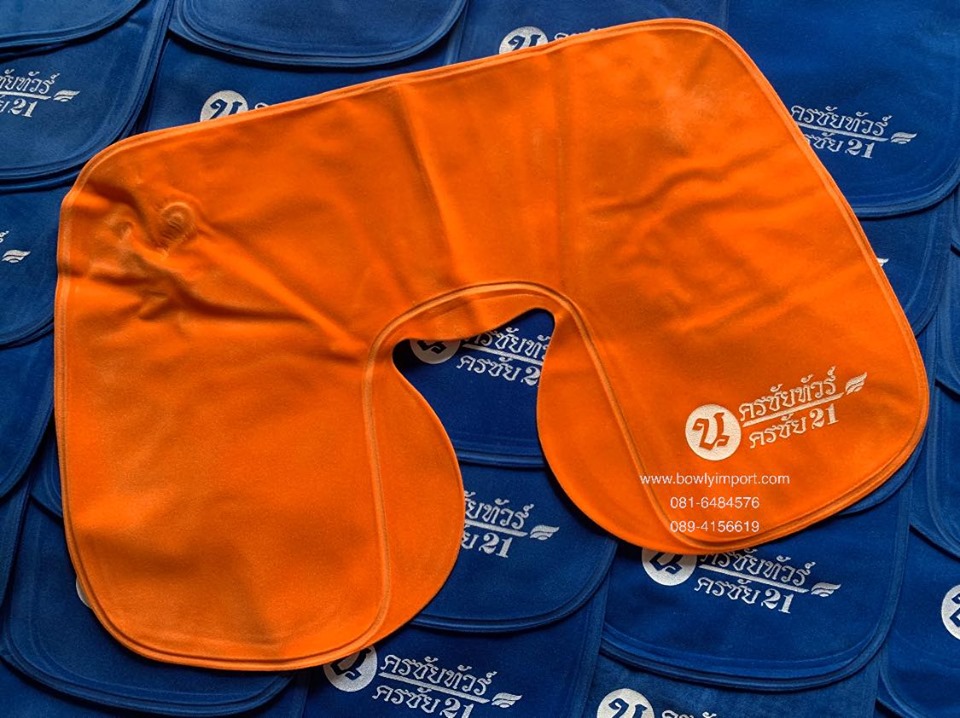 หมอนรองคอเป่าลม เนื้อผ้ากำมะหยี่ พร้อมสกรีนโลโก้