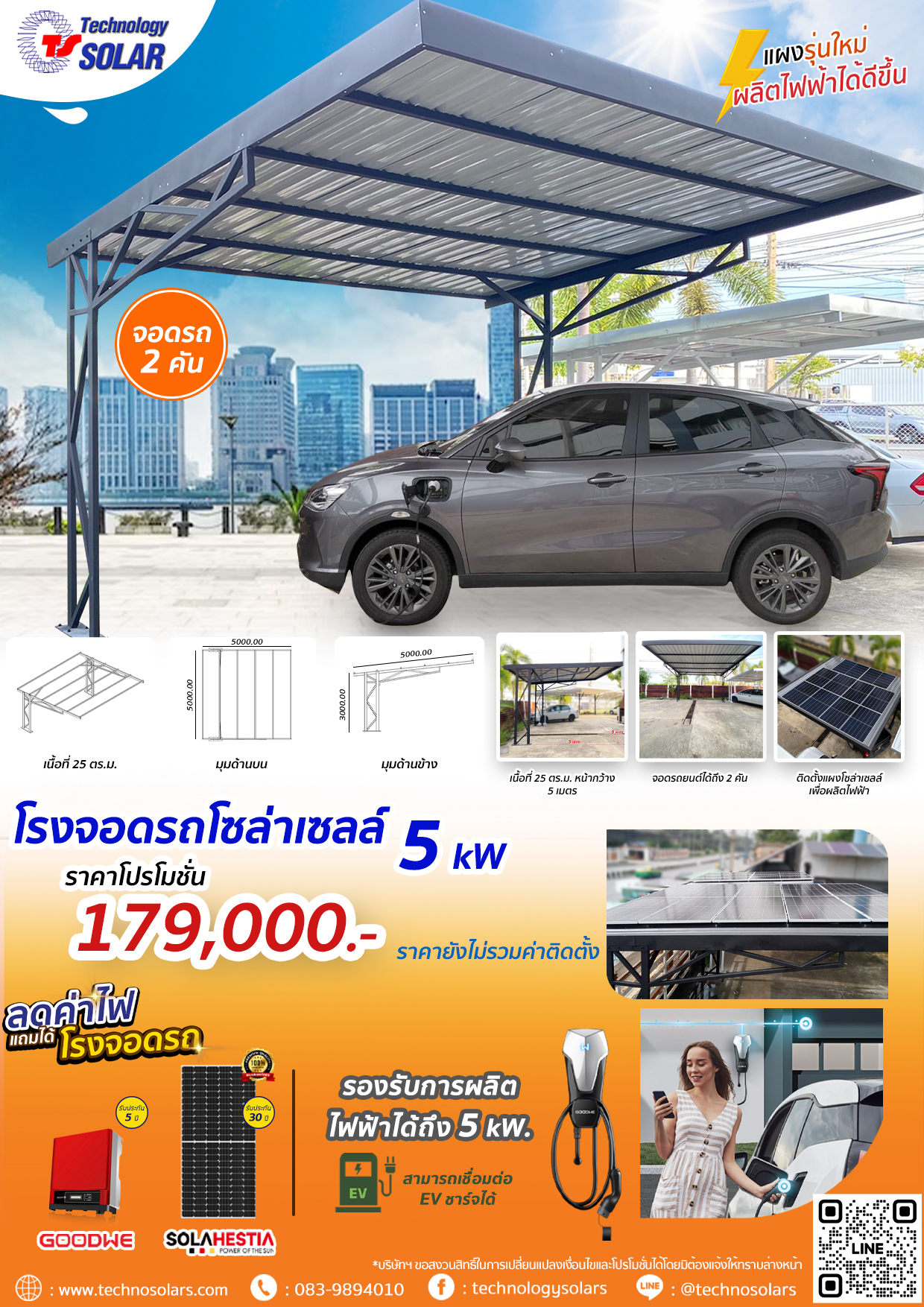 โรงจอดรถ 2 คัน + ชุดโซล่าเซลล์ 5 kW