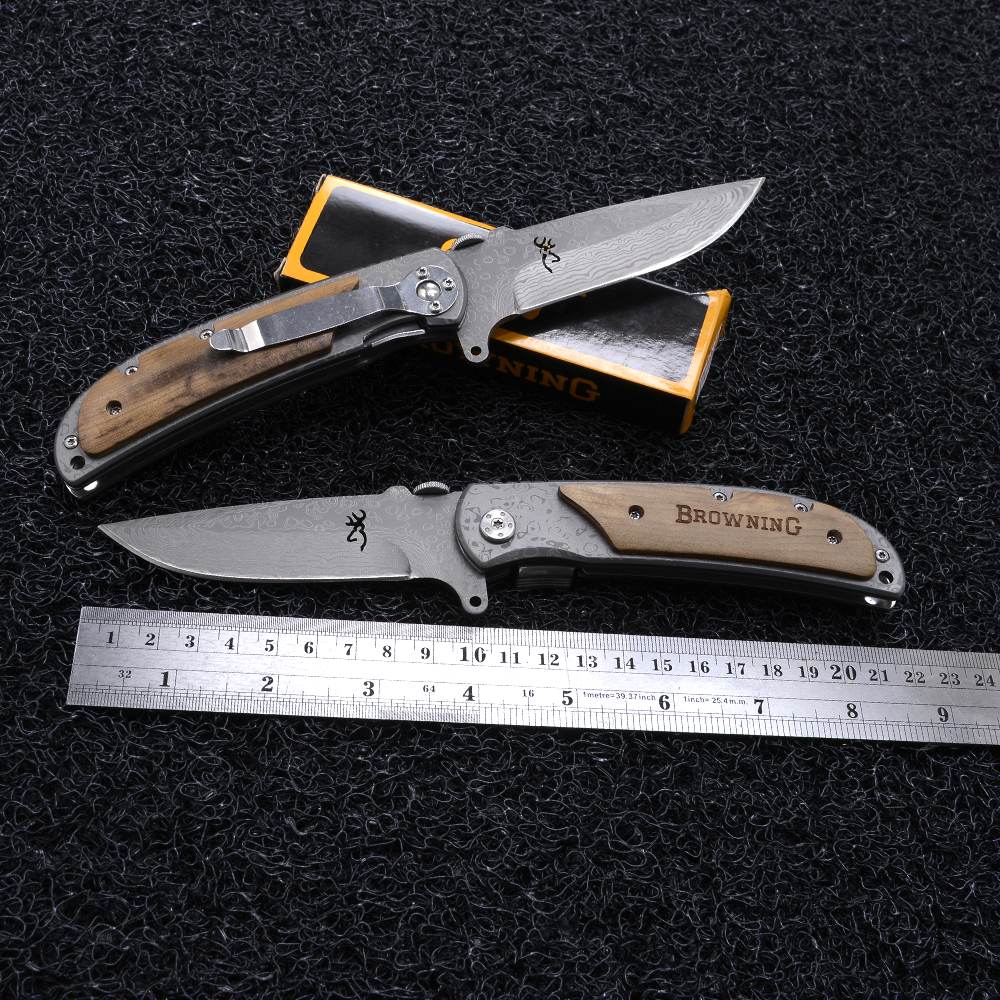 BN-03-04 มีดเดินป่า มีดแคมปิ้ง มีดพับ Browning Outdoor Tools Folding Knife ใบมีดเลเซอร์ลายดามัสกัส 1 290 กรัม