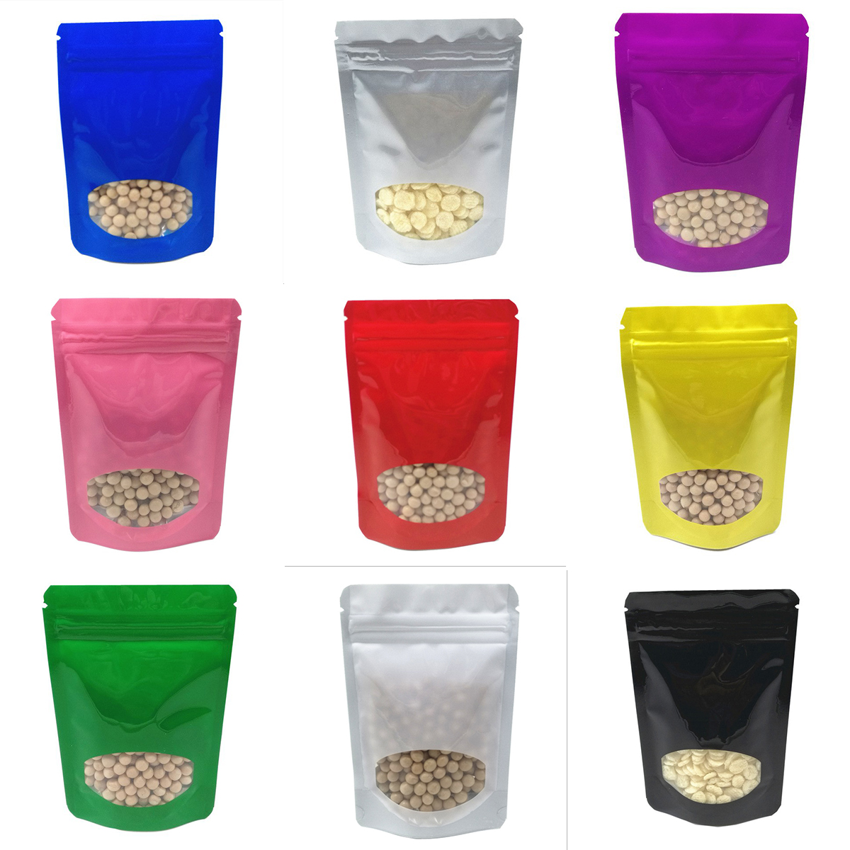 ถุงพลาสติก มีซิป หน้าต่างกลม ด้านในฟอยล์ ตั้งได้ มีหลายสีให้เลือก (50ใบ)