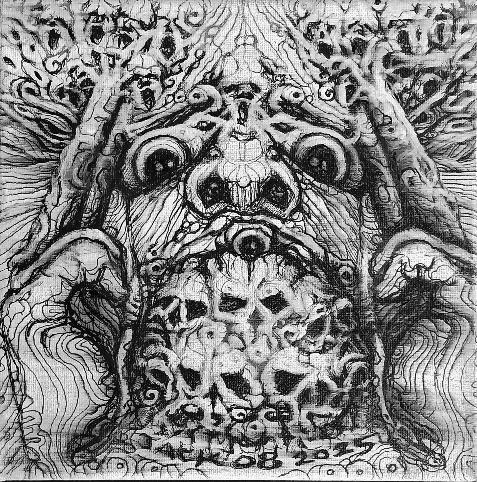 Surreal Portrait 30 (Overdose) วาดเส้นปากกา หมึกดำ, สีอะครีลิค บนเฟรมผ้าใบ ขนาดเล็ก 20 × 20 cm.