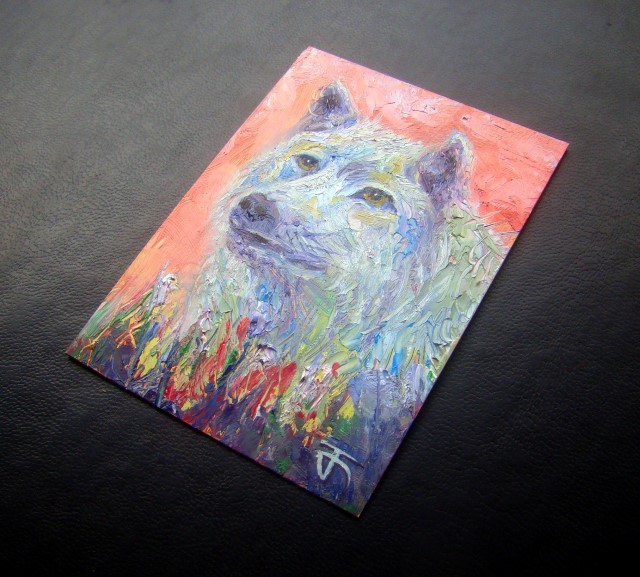 ACEO-ฺWolf no.2 ภาพวาดสีน้ำมัน บนกระดาษ art card ขนาด 2.5 x 3.5 นิ้ว
