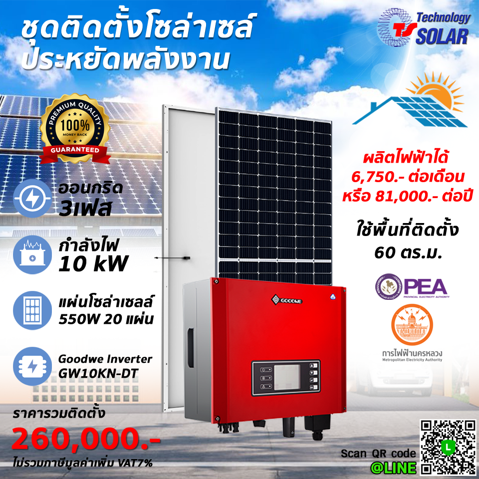 ชุดติดตั้งโซล่าเซลล์ 10 kW 3 เฟส ออนกริด พร้อมติดตั้ง