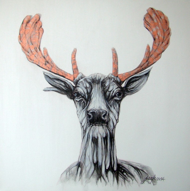 Deer-ภาพวาดสีอะครีลิค งานเพ้นท์บนเฟรมผ้าใบ canvas ขนาด 50x50 cm.