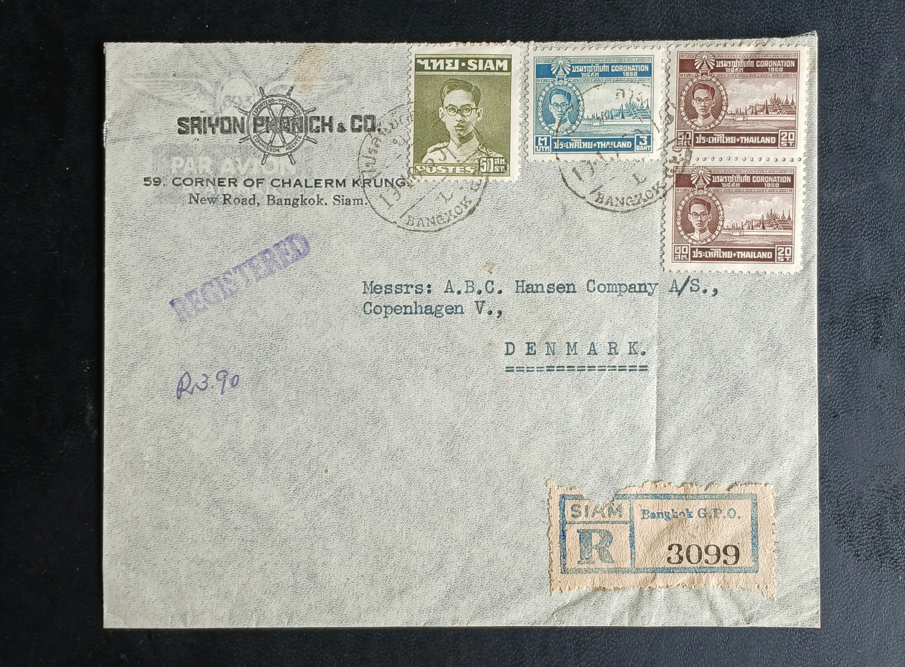 s3476-ซองจดหมายเก่า BANGKOK-DENMARK ป้ายR SIAM / Bangkok G.P.O.3099 ลงทะเบียน/REGISTERED ติดแสตมป์พระรูป ร.9 SIAM ปี 2492, บรมราชาภิเษก 2493 (ราคาหน้าดวง รวม 3 บาท 90 สตางค์) มีตราประทับ ไปรษณีย์กลาง 1950 พ.ศ.2493