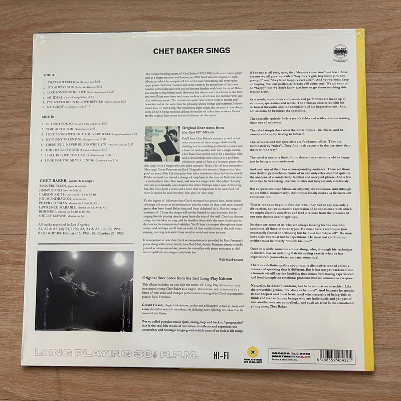 เสียง Chet Baker Sings ,** Limited edition Yellow vinyl , Vinyl, LP, Album, Reissue, Mono,180g มือหนึ่ง ซีล