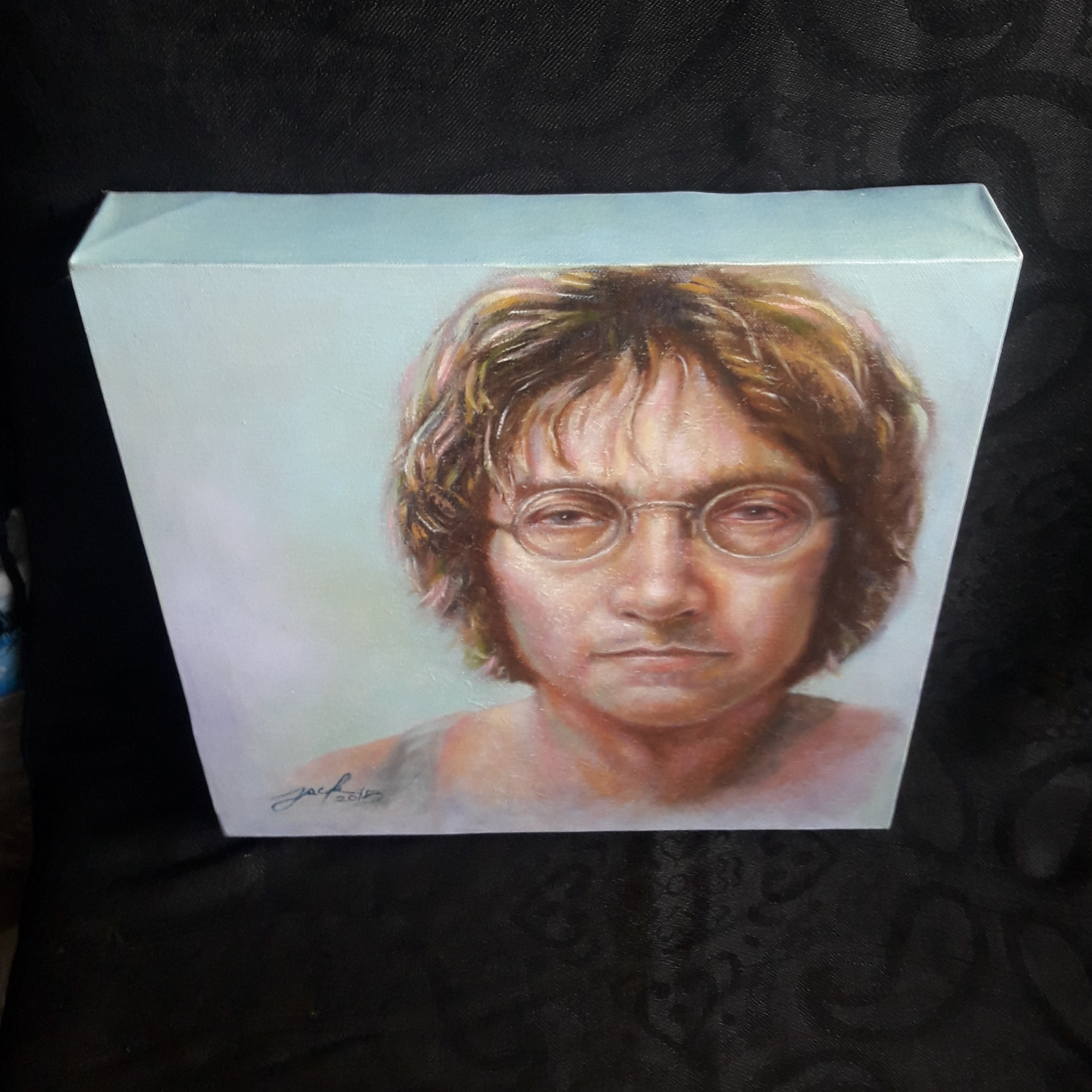 John Lennon ภาพวาดสีน้ำมัน บนเฟรมผ้าใบ ขนาด 30 x 30 cm. [เฟรมแบบขอบหนา 4.5 cm.] งานเพ้นท์ไม่ใช่งานพิมพ์หรือโปสเตอร์