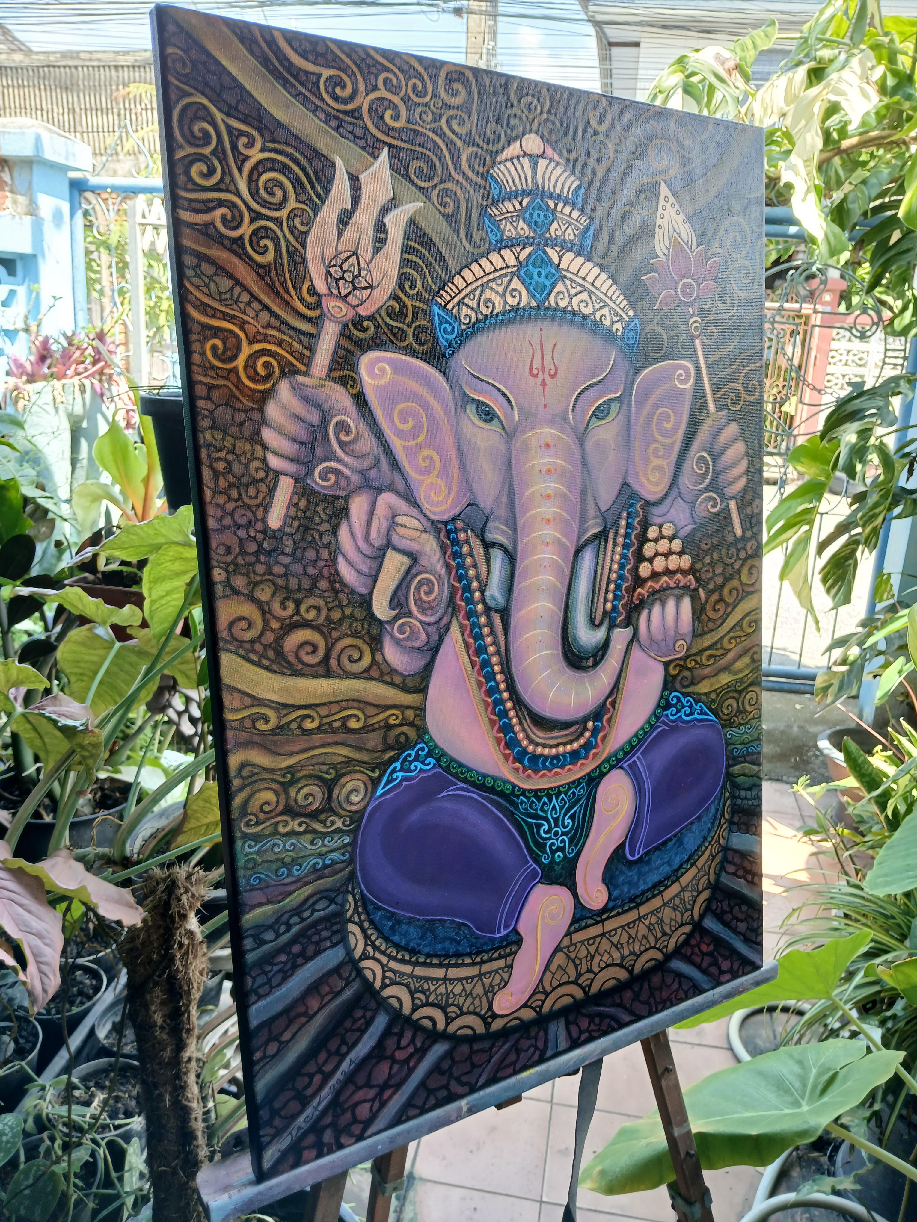 GANESHA พระพิฆเนศ ภาพวาดสีอะครีลิคบนเฟรมผ้าใบ ขนาด 40 cm. x 60 cm. (งานวาดต้นฉบับ มีชิ้นเดียว ไม่ใช่ภาพพิมพ์หรือโปสเตอร์)
