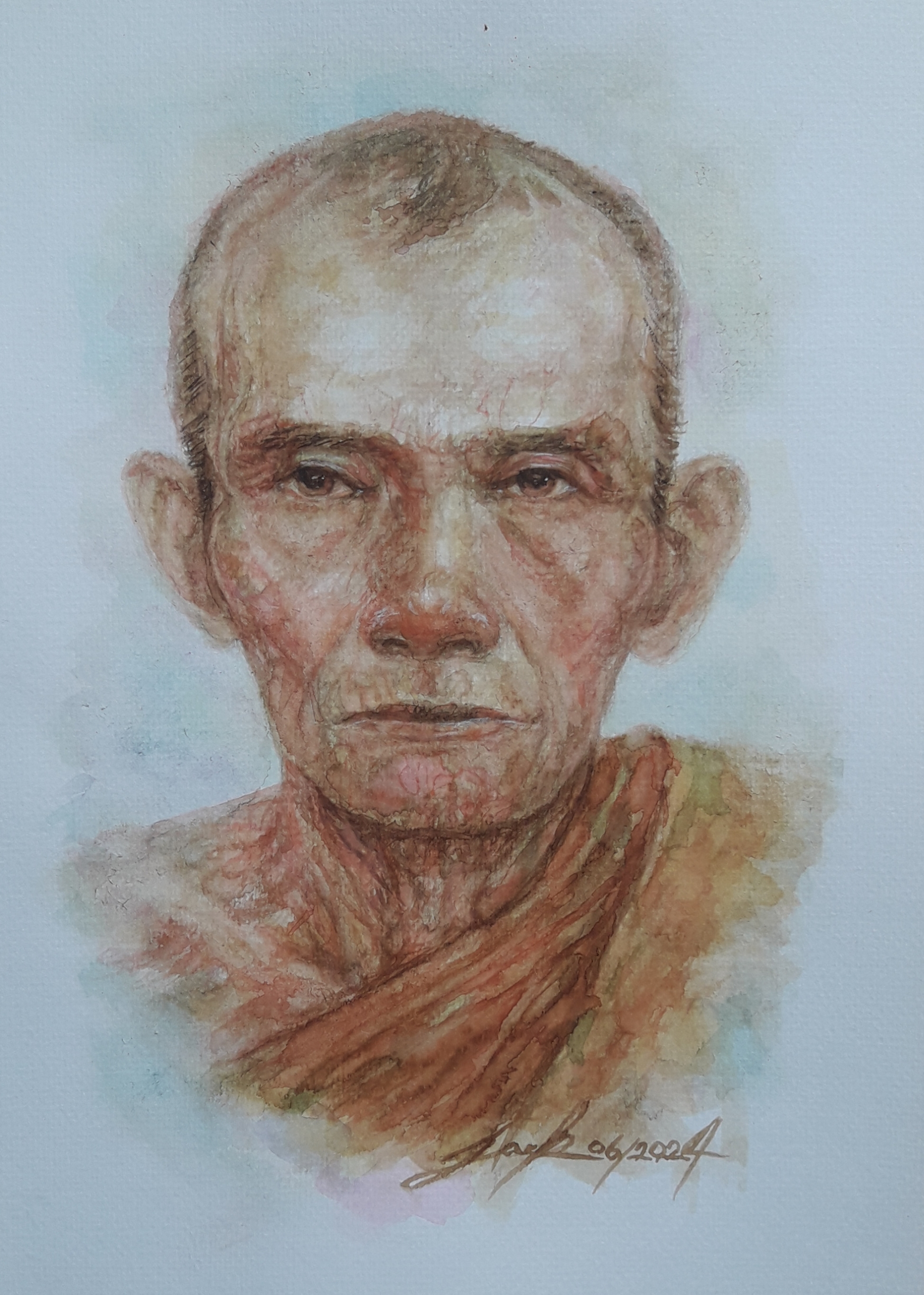หลวงพ่อกวย วัดโฆสิตาราม จ.ชัยนาท ภาพวาดสีน้ำ+กาแฟ บนกระดาษ Canson 320 แกรม ขนาด [A4] 21 cm. x 29.7 cm.งานวาด ไม่ใช่ภาพพิมพ์หรือโปสเตอร์ครับ