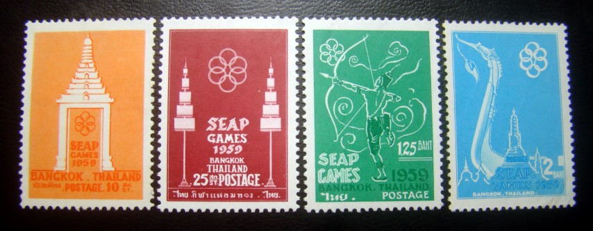 [-ยังไม่ใช้-ครบชุด-] s1615-แสตมป์ชุดกีฬาแหลมทอง ครั้งที่ 1 SEAP Games พ.ศ.2502 ครบชุด 4 ดวง ยังไม่ใช้ น่าสะสมครับ