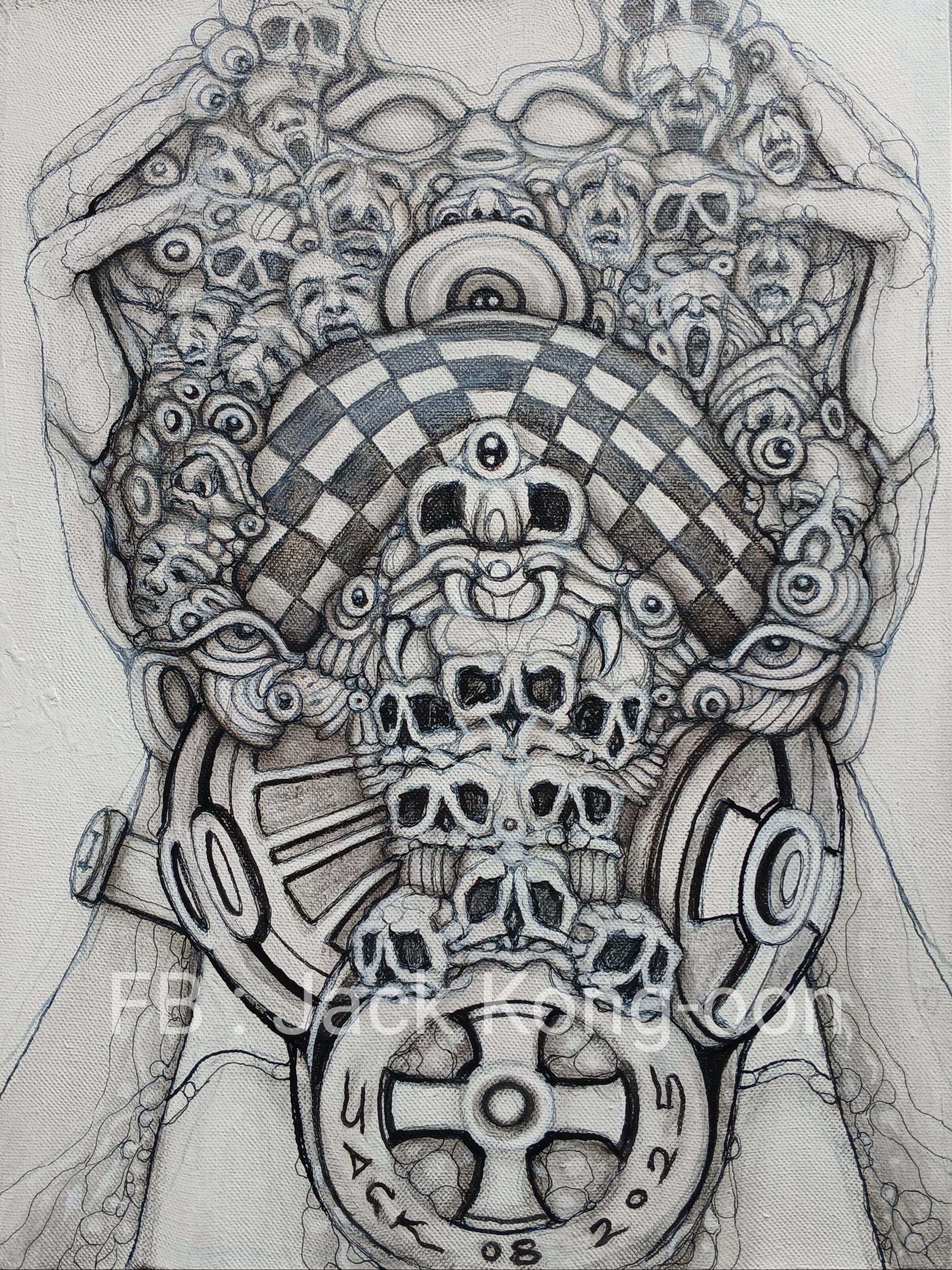 Surreal Portrait 34 งานวาดด้วยปากกาหลายแบบ บนเฟรมผ้าใบเก่า มือสอง รองพื้นสีอะครีลิค ขนาด 30 × 40 cm.