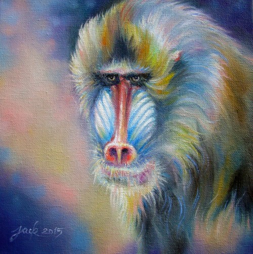 "Mandrill Monkey" ภาพวาดสีน้ำมัน งานเพ้นท์บนเฟรมผ้าใบ canvas ขนาด 20 x 20 cm.(8x8 inch)
