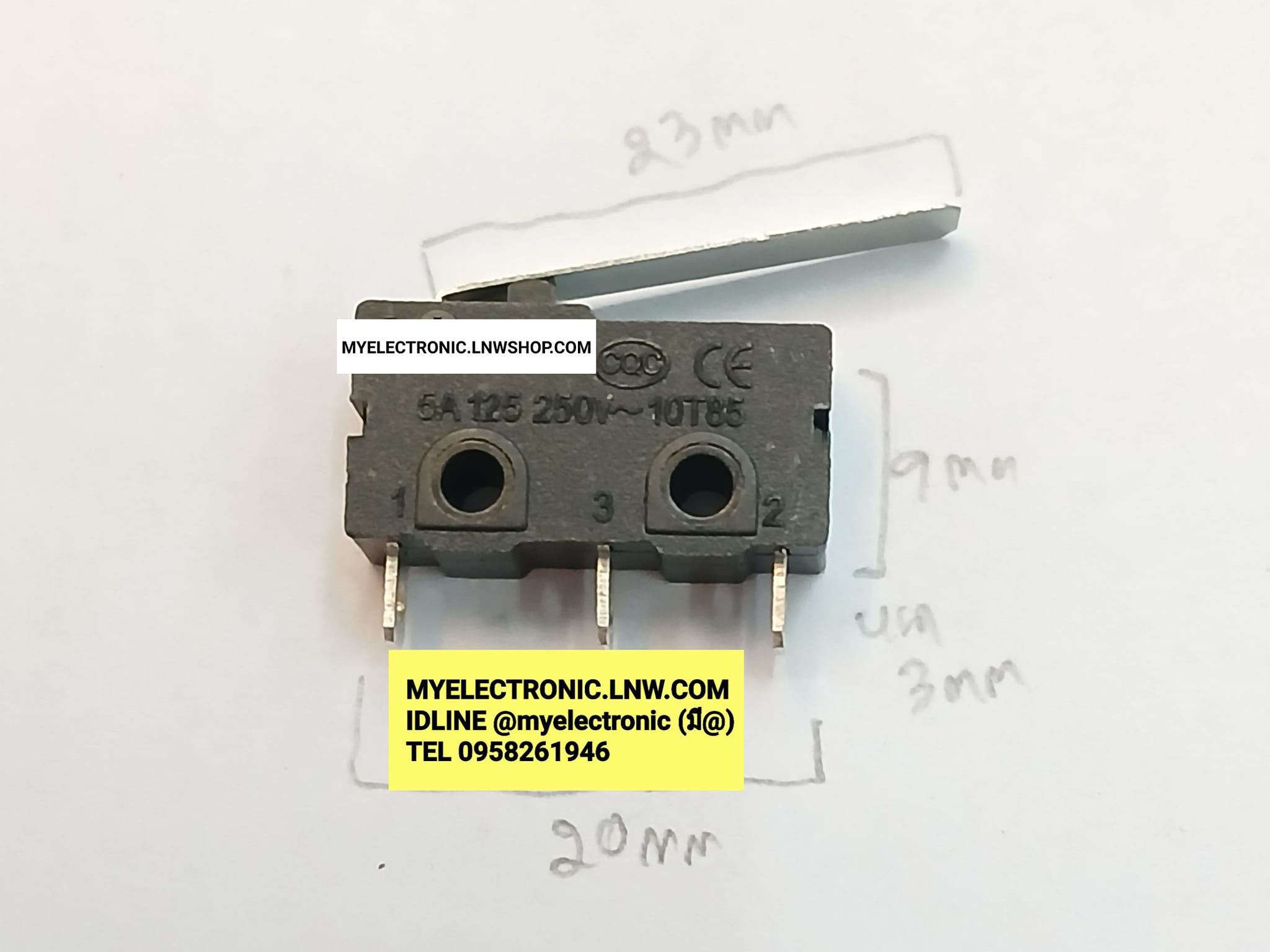 ขาย ไมโครสวิทช์มีก้าน ยาว ตัวเล็ก ไมโครสวิทช์ มีก้านยาว30MM. 5A125V/250V รุ่น 10T85 ยี่ห้อ ราคา ตัวละ . . . . หน่วย บาท