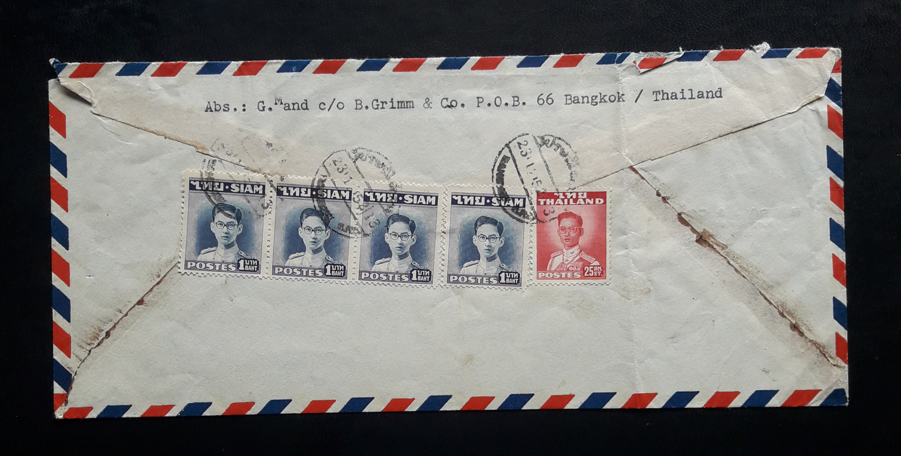 s3385-ซองจดหมายเก่า ตราครุฑ BANGKOK-GERMANY ติดแสตมป์ พระรูป ร.9 SIAM พ.ศ.2491, THAILAND พ.ศ.2494 มีตราประทับ ปี 1952 (พ.ศ.2495) น่าสะสมครับ