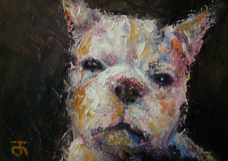 "French Bulldog" ACEO ภาพวาดสีน้ำมันบนกระดาษ Canson 140 lbs ขนาด 2.5 x 3.5 นิ้ว