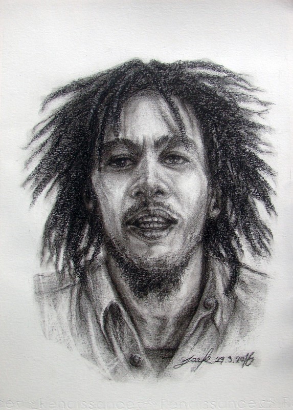 Bob Marley ภาพวาดดินสอ ชาโคล กระดาษ 200 แกรม ขนาด 27.5 x 37.5 cm.
