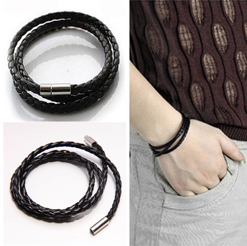 กำไลข้อมือหนังแฟชั่น สำหรับชาย หญิง สีดำ หนังคุณภาพดี ถอดออกและใส่ด้วยระบบแม่เหล็กสายหนังยาว 24 นิ้ว 1 300 กรัม