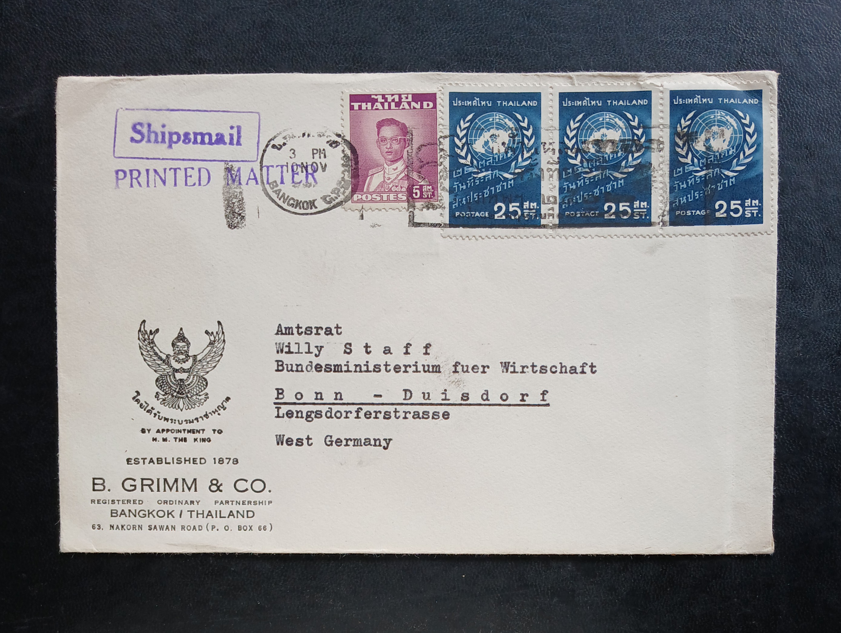 ซองจดหมายเก่า ปี 2502 (1959) BANGKOK-West GERMANY ติดแสตมป์พระรูป ร.9 ชุด2 THAILAND ปี 2494, วันสหประชาชาติ 2502 มีตราประทับ ป.ณ.กลาง ,ตราประทับกีฬาแหลมทอง ครั้งที่หนึ่ง กรุงเทพฯ ๒๕๐๒