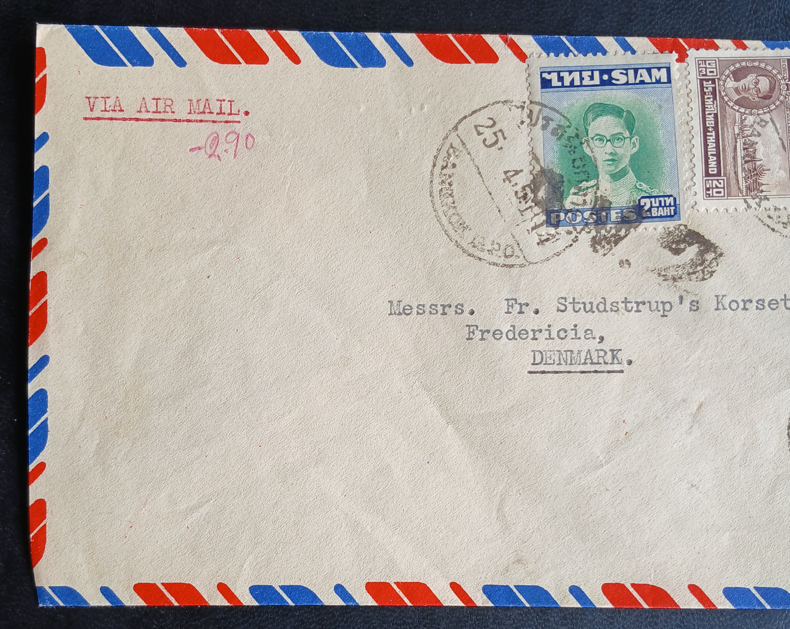 s3472-ซองจดหมายเก่า BANGKOK-DENMARK A.V.2 airmail cover ติดแสตมป์พระรูป ร.9 SIAM ปี 2491-92, บรมราชาภิเษก 2493 (ราคาหน้าดวง รวม 2 บาท 90 สตางค์) มีตราประทับ ไปรษณีย์กลาง 1951 พ.ศ.2494