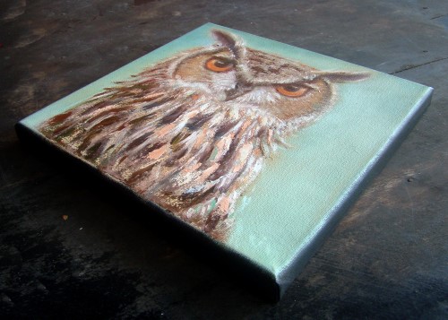 "Owl no.4" ภาพวาดสีน้ำมัน เทคนิคเกรียงปาดสี งานเพ้นท์บนเฟรมผ้าใบ canvas ขนาด 20 x 20 cm.