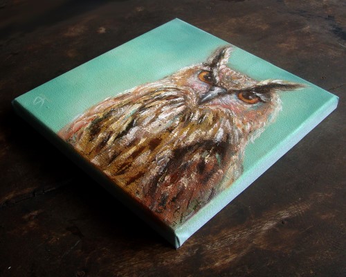 "Owl no.5" ภาพวาดสีน้ำมัน เทคนิคเกรียงปาดสี งานเพ้นท์บนเฟรมผ้าใบ canvas ขนาด 20 x 20 cm.