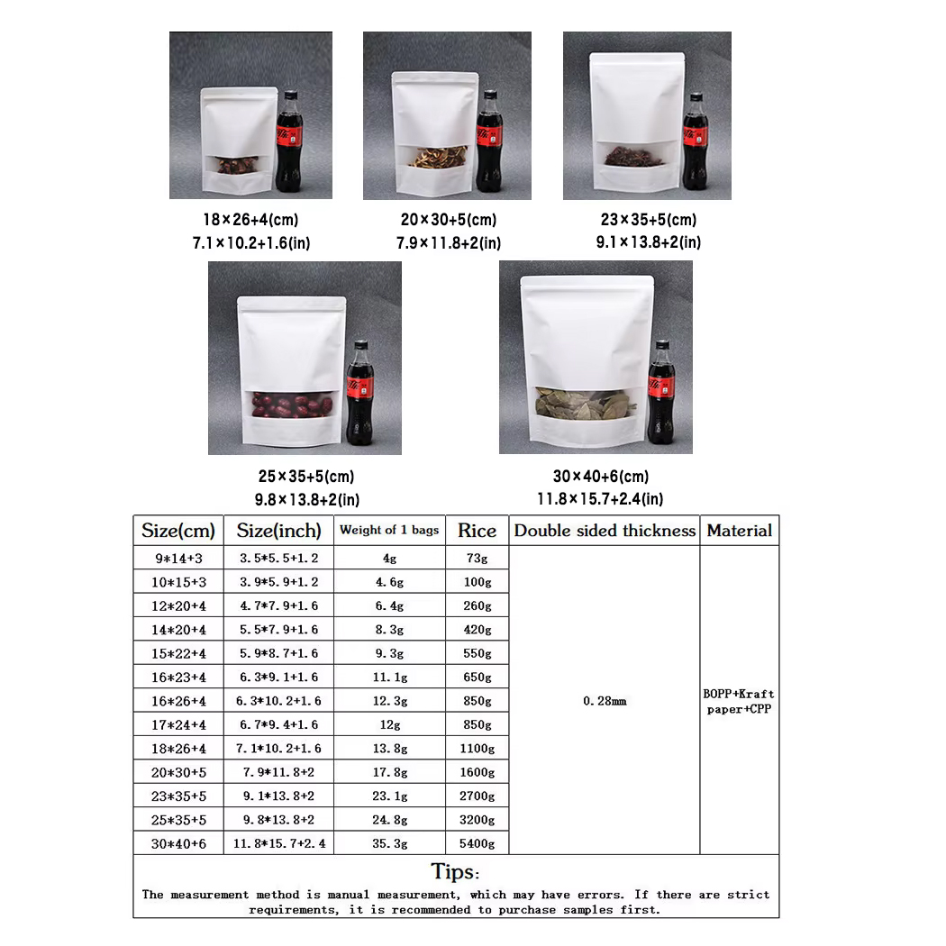 ถุงคราฟท์ขาว มีหน้าต่างซิปล็อค ตั้งได้ (50 ใบ) ถุงแบ่งบรรจุ food safety ใส่อาหารและขนมได้ เหมาะสำหรับของแห้ง