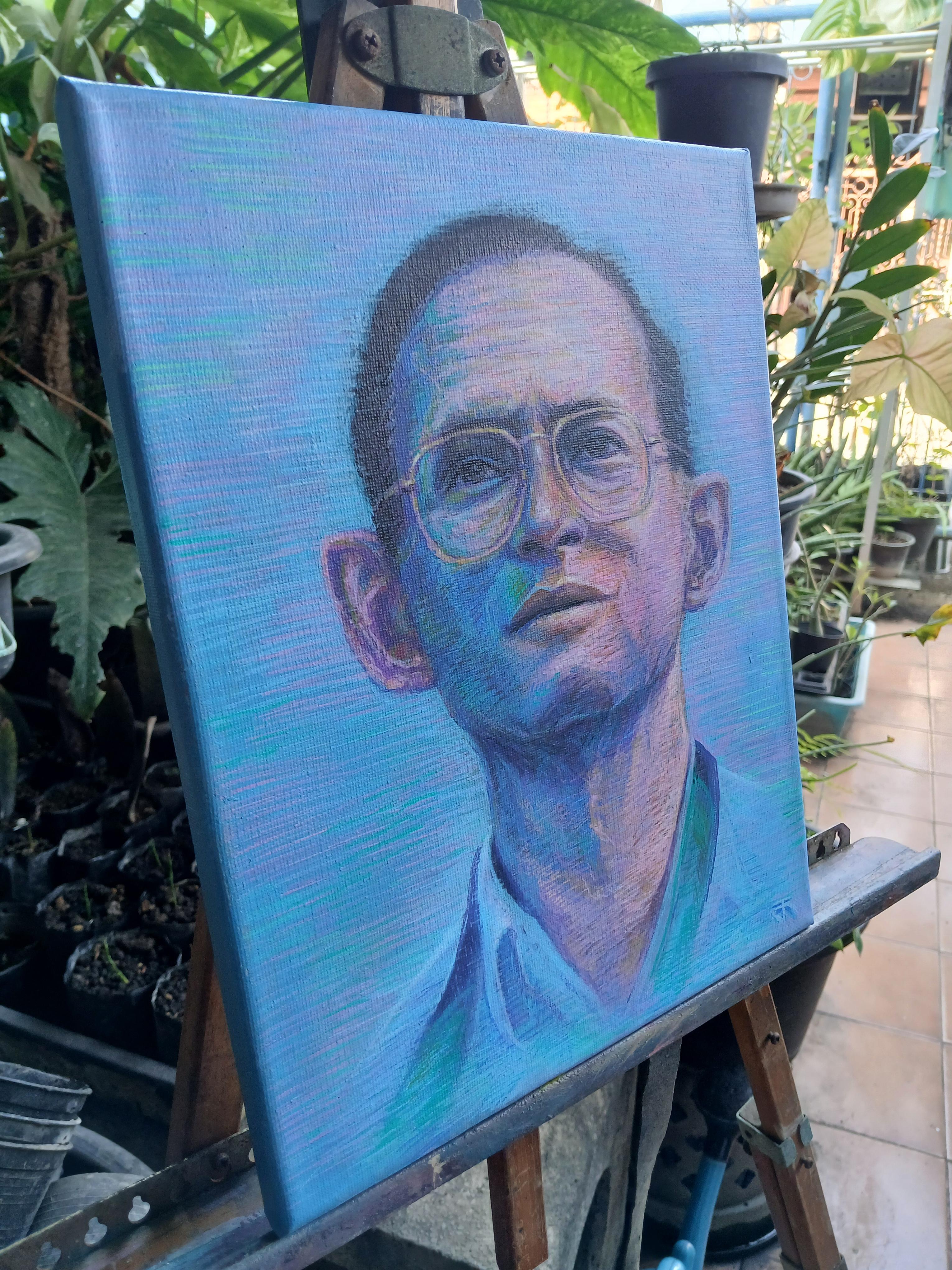 ภาพวาด ในหลวง รัชกาลที่ 9 สีอะครีลิคและวาดเส้นปากกาอะครีลิค แนว colorful บนเฟรมผ้าใบ ขนาด 24 cm. x 29.5 cm.(ประมาณ a4) งานวาด มีชิ้นเดียว ไม่ใช่ภาพพิมพ์หรือโปสเตอร์