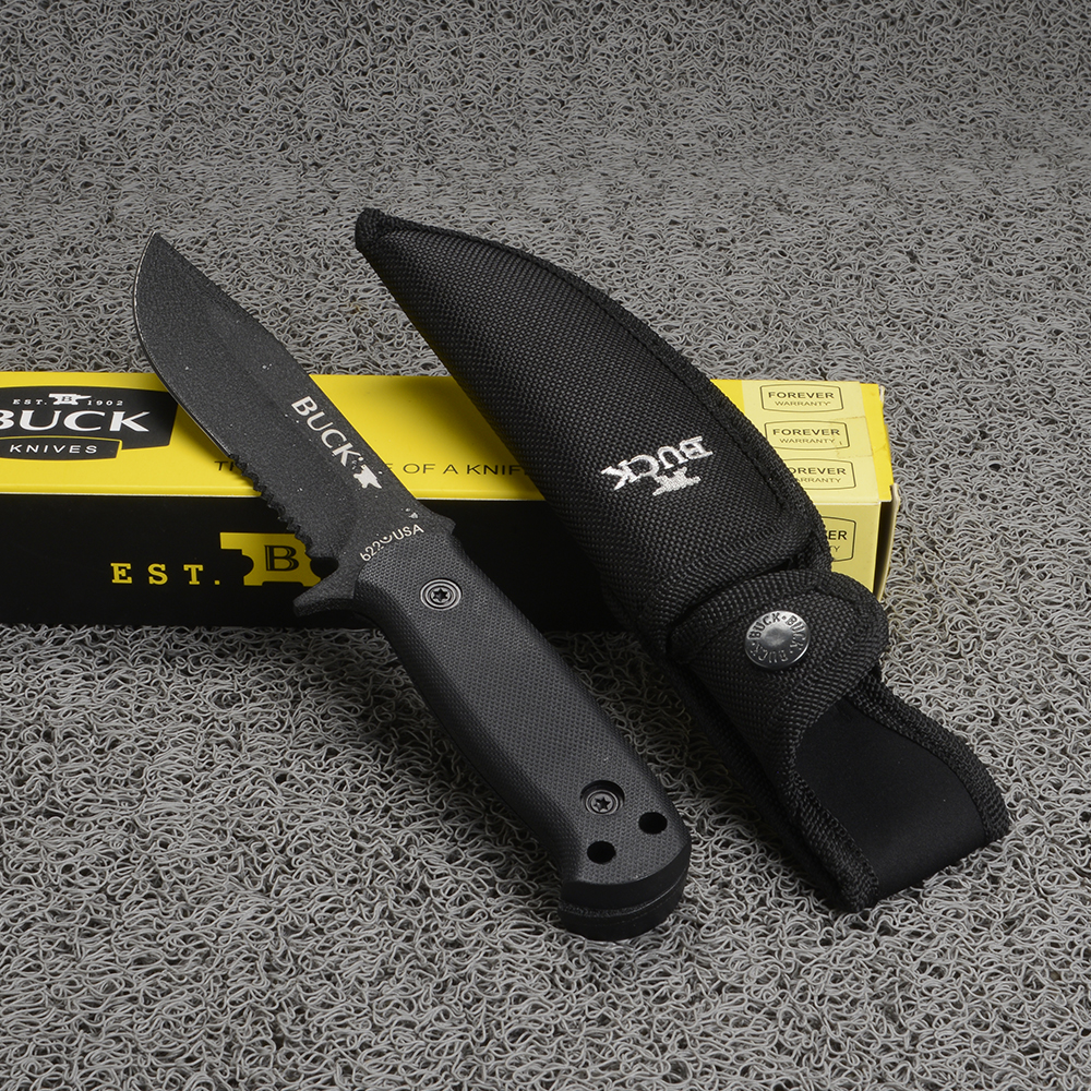 BUCK 622 USA FIXED BLACK BLADE มีดใบตาย มีดเดินป่า มีดโบวี่ มีดแคมปิ้ง มีดพก ด้ามมีดยางกันลื่น ความยาวรวม 9.5 นิ้ว 1 350 กรัม Black 9.5 in.