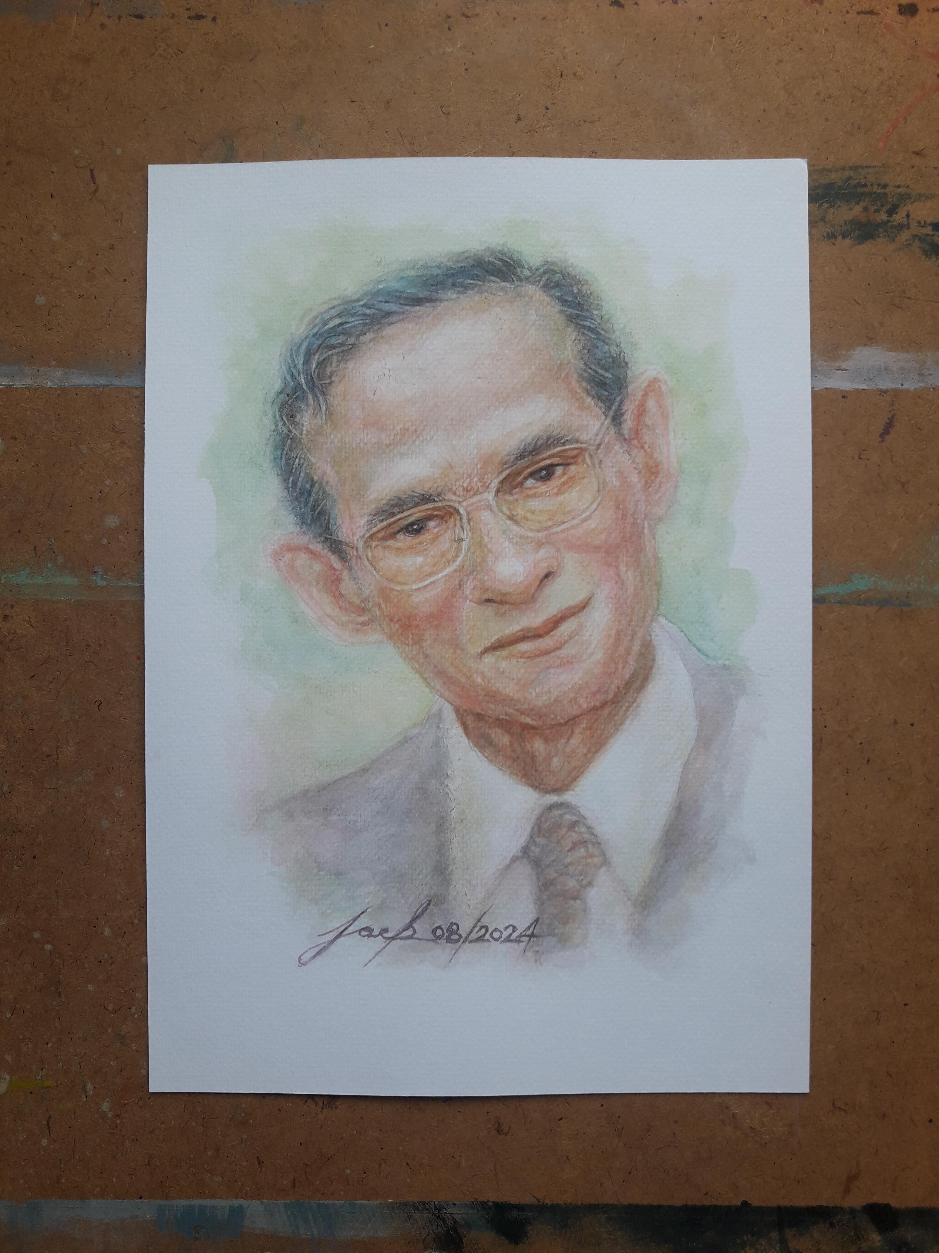 ภาพวาดในหลวง รัชกาลที่ 9 ภาพวาดสีน้ำ บนกระดาษ Canson 320 แกรม ขนาด [A4] 21 cm. x 29.7 cm.งานวาด ไม่ใช่ภาพพิมพ์หรือโปสเตอร์ครับ