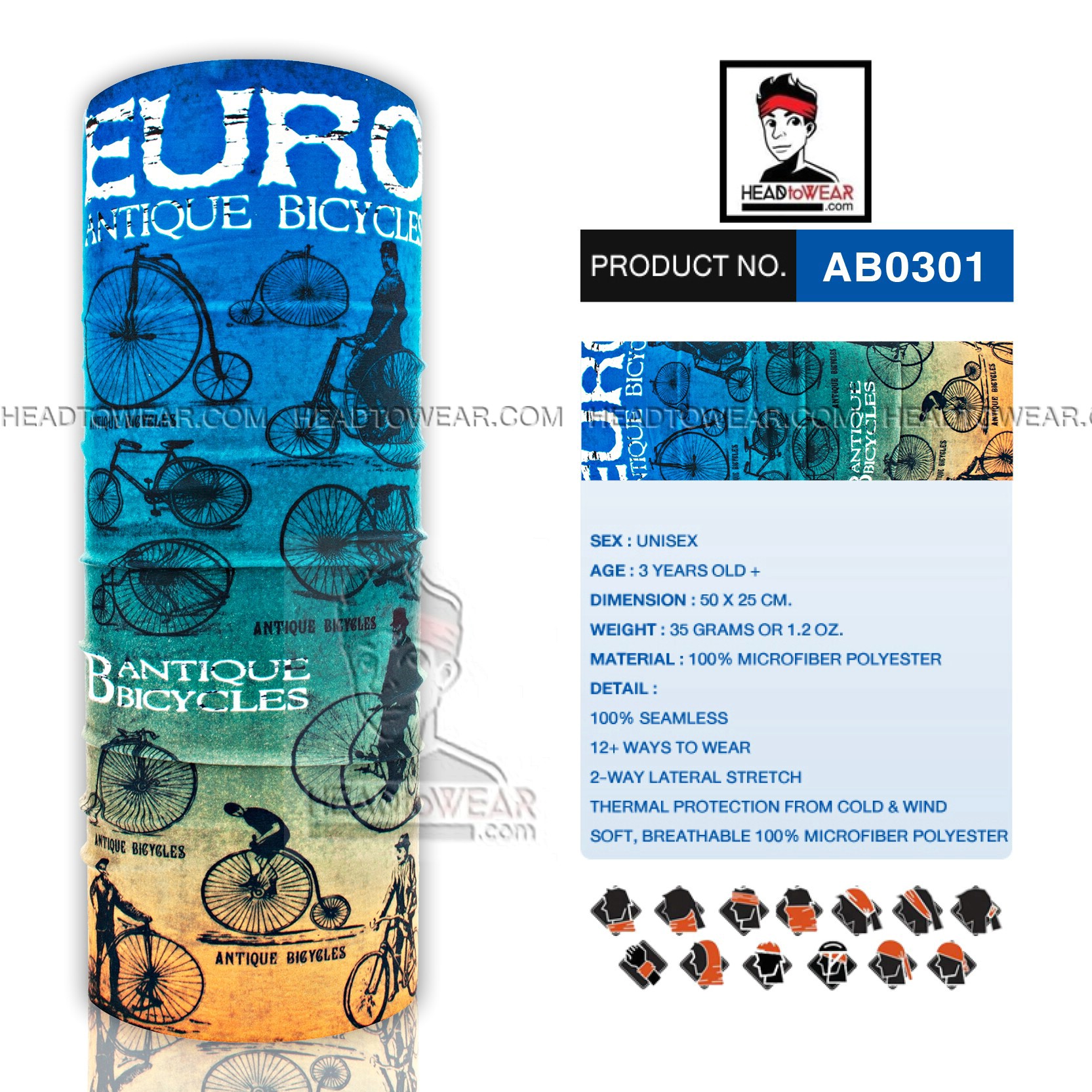 ผ้าโพกหัว ผ้าบัฟ ผ้าคาดผม HeadToWear ลาย Antique Bicycles รหัส AB0301