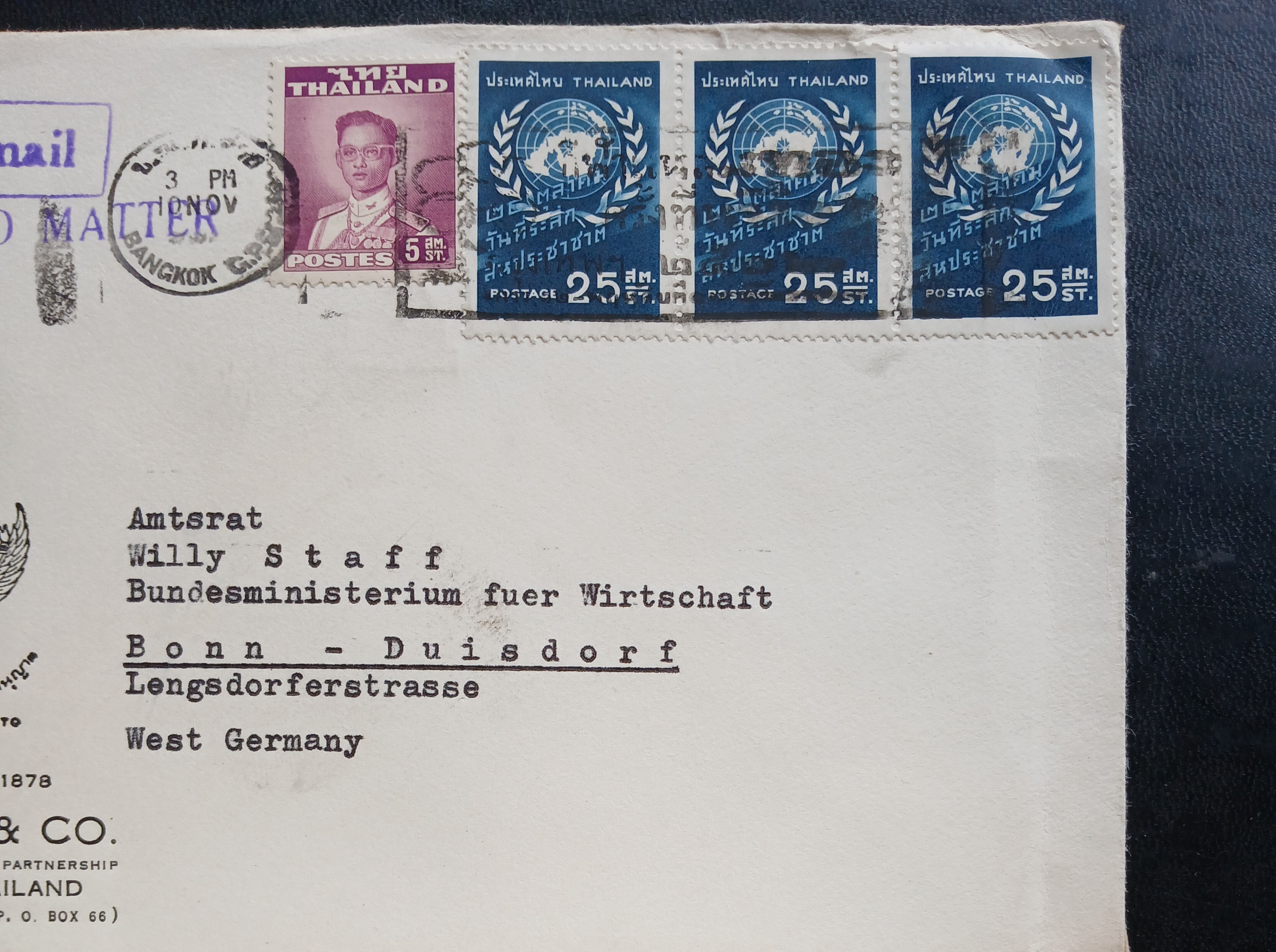 ซองจดหมายเก่า ปี 2502 (1959) BANGKOK-West GERMANY ติดแสตมป์พระรูป ร.9 ชุด2 THAILAND ปี 2494, วันสหประชาชาติ 2502 มีตราประทับ ป.ณ.กลาง ,ตราประทับกีฬาแหลมทอง ครั้งที่หนึ่ง กรุงเทพฯ ๒๕๐๒