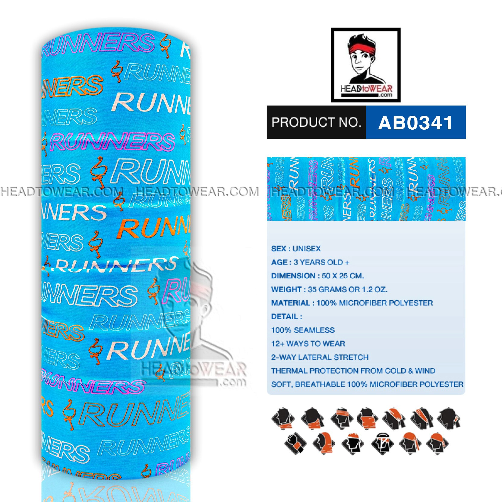 ผ้าโพกหัว ผ้าบัฟ ผ้าคาดผม HeadToWear ลายนักวิ่ง Runner สีฟ้า รหัส AB0341