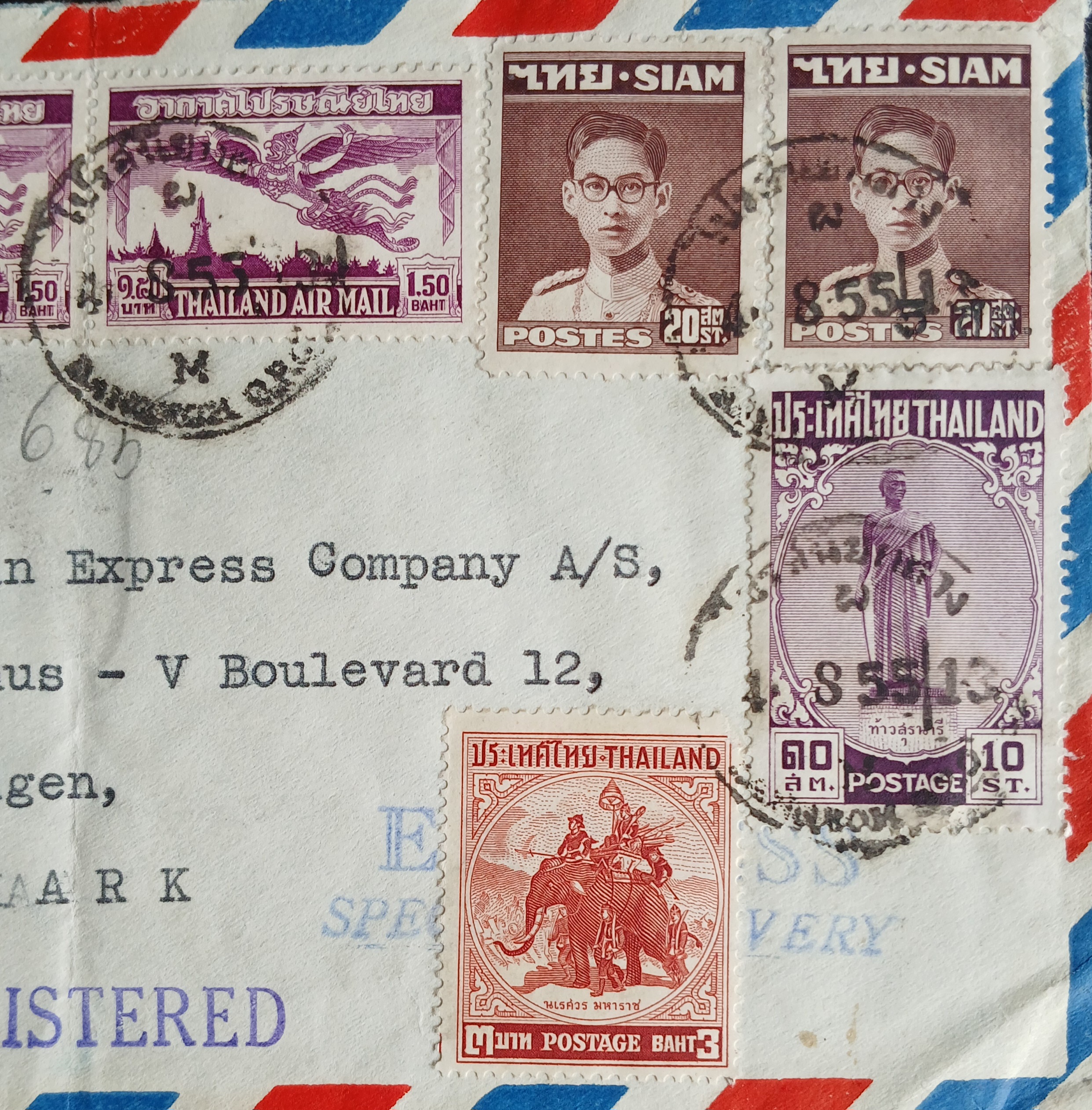 s3474-ซองจดหมายเก่า BANGKOK-DENMARK ป้ายR ลงทะเบียน/REGISTERED/ EXPRESS SPECIAL DELIVERY ติดแสตมป์พระรูป ร.9 SIAM ปี 2490-92, พระนเรศวร 2498 (control mark), ท้าวสุรนารี 2498, อากาศฯชุด4 ปี 2495 (ราคาหน้าดวงแสตมป์รวม 7 บาท) มีตราประทับ ไปรษณีย์กลาง 1955 พ.