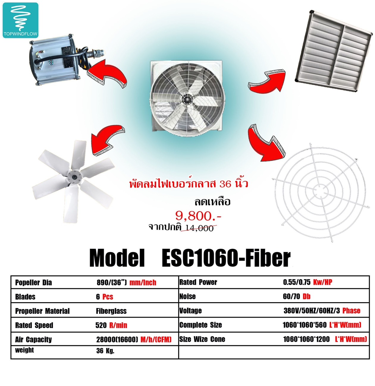 พัดลมฟาร์มไฟเบอร์กลาส ESC1060-Fiber (36 นิ้ว)