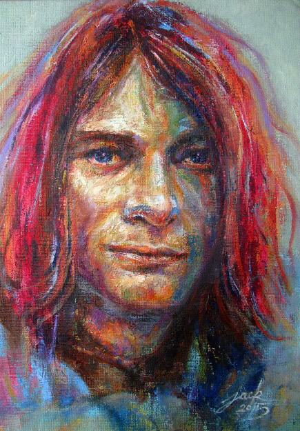 Kurt Cobain ภาพวาดสีน้ำมัน งานเพ้นท์บนแผ่นผ้าใบ canvas panel ขนาด 10 x 14 นิ้ว