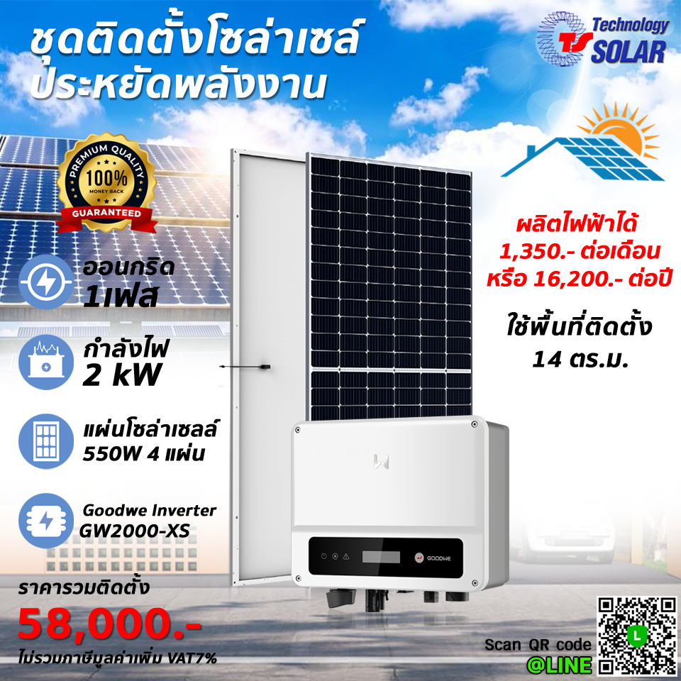 ชุดติดตั้งโซล่าเซลล์ 2 kW ออนกริด พร้อมติดตั้ง