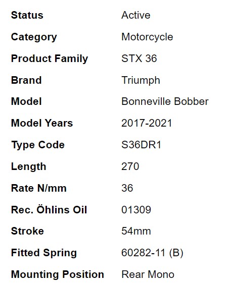โช๊คหลัง OHLINS TR 729 FOR TRIUMPH BOBBER1200