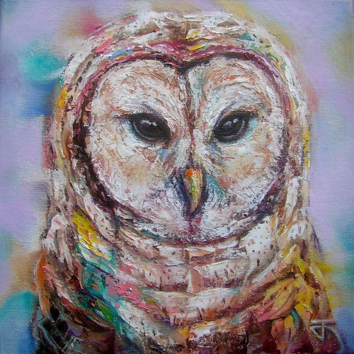 "Owl no.10" ภาพวาดสีน้ำมัน เทคนิคเกรียงปาดสี งานเพ้นท์บนเฟรมผ้าใบ canvas ขนาด 20 x 20 cm.
