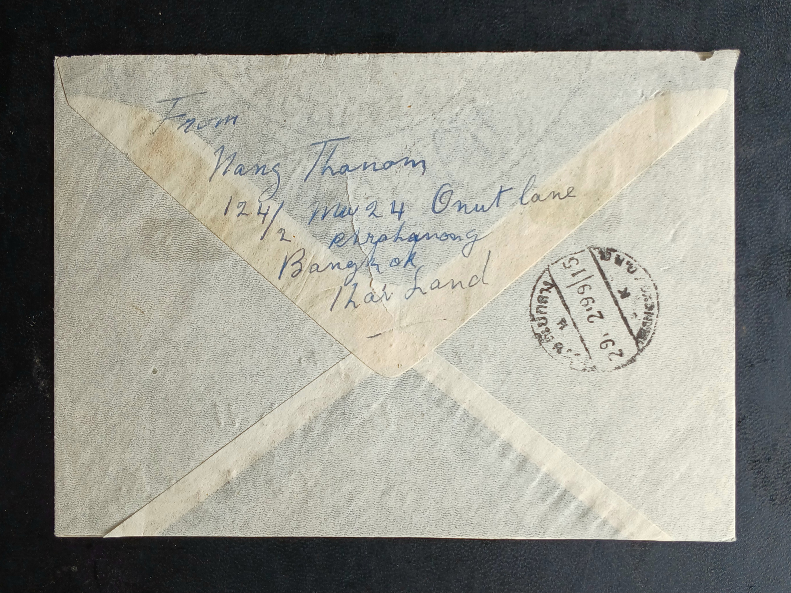 s3477-ซองจดหมายเก่า BANGKOK-Copenhagen DENMARK ป้ายR / ปท.ปทุมวัน ติดแสตมป์ ร.8 บางปะอิน ปี 2484, ร.9 บรมราชาภิเษก 2493, พระนเรศวร 2498, พระเจ้าตากสิน 2498 (ราคาหน้าดวง รวม 3 บาท 95 สตางค์) มีตราประทับ ปทุมวัน 2499, ไปรษณีย์กลาง พ.ศ.2499 / ปี 1956