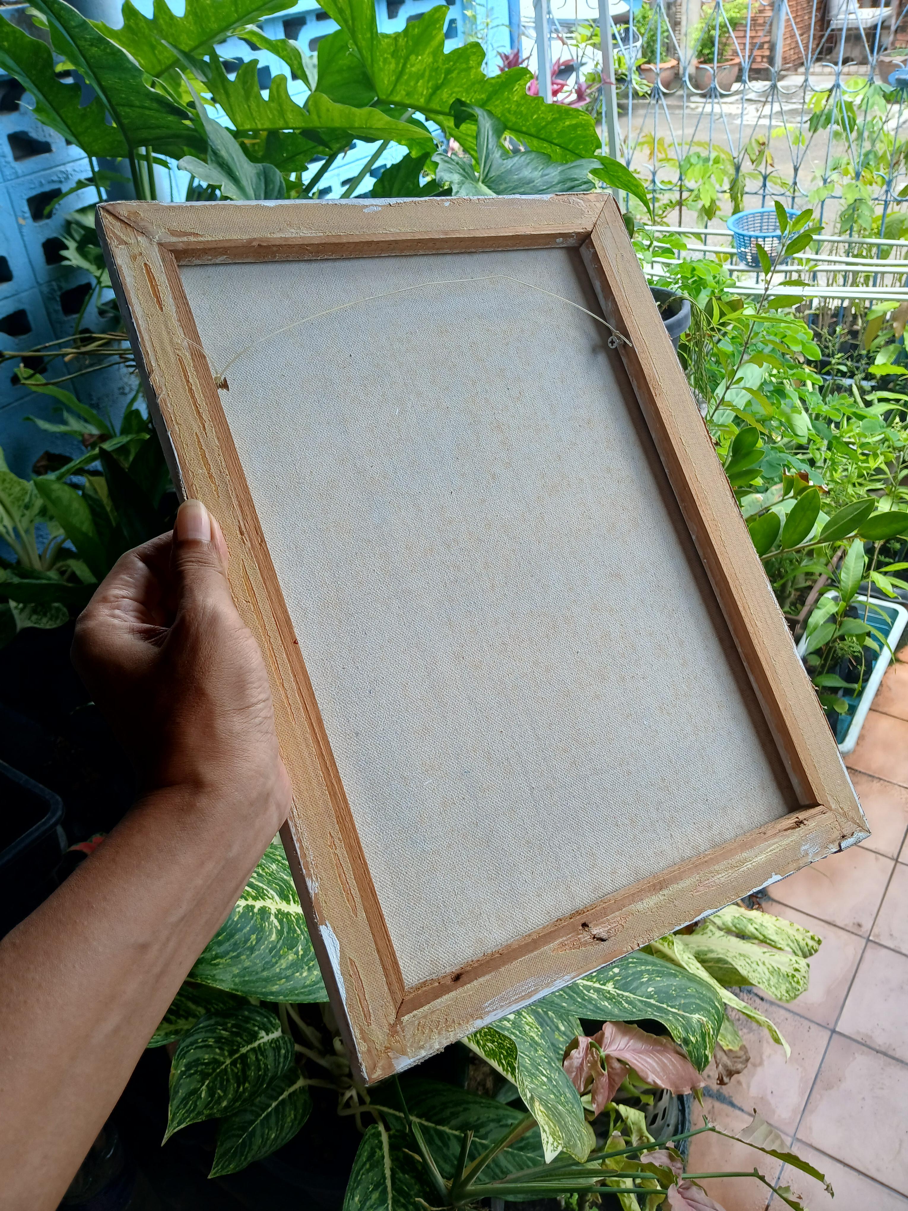 Surreal Portrait 34 งานวาดด้วยปากกาหลายแบบ บนเฟรมผ้าใบเก่า มือสอง รองพื้นสีอะครีลิค ขนาด 30 × 40 cm.