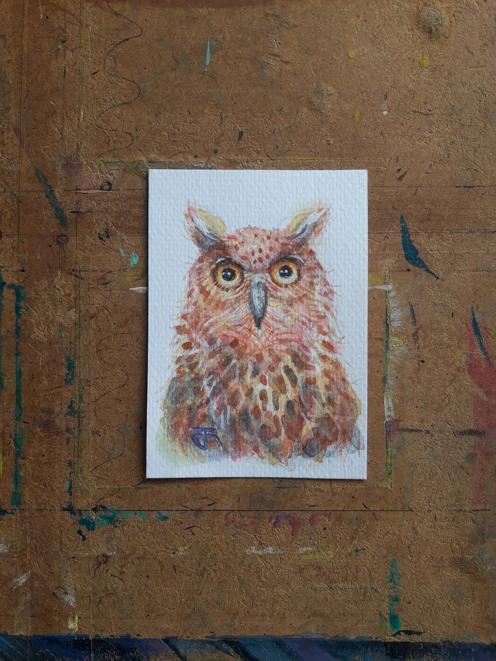 ACEO-ฺOwl no.19 งานอาร์ตการ์ด ภาพวาดสีน้ำ บนกระดาษ 300 แกรม ขนาด 2.5 x 3.5 นิ้ว งานขนาดเล็ก ประมาณบัตร ATM