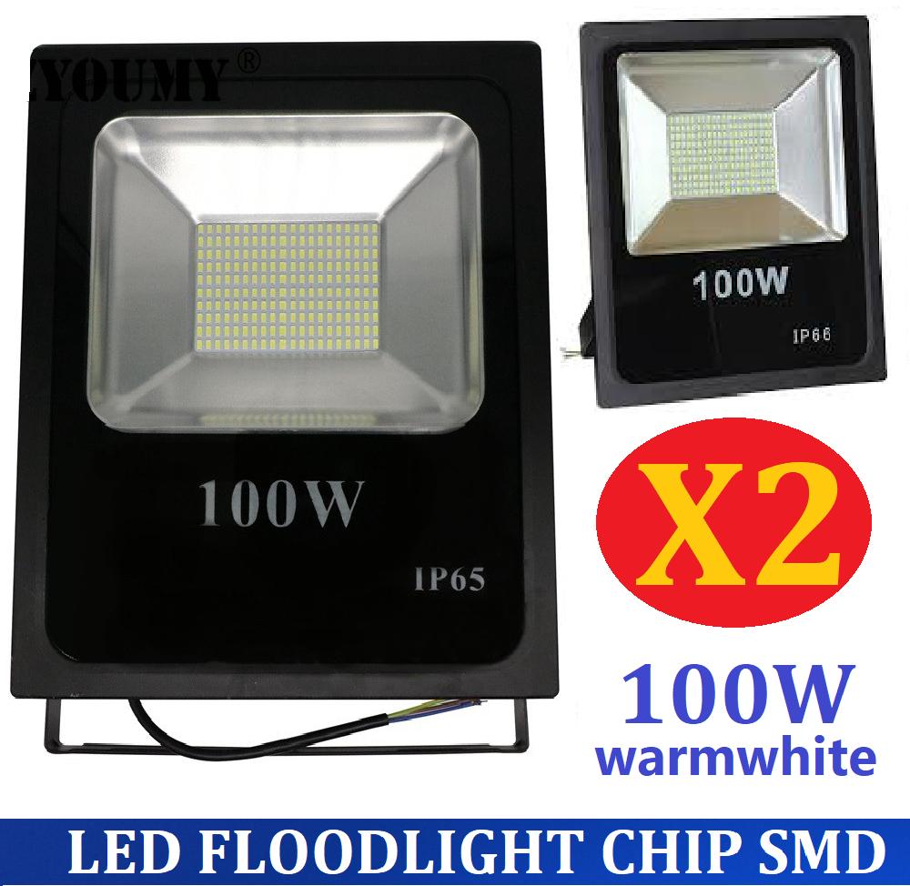 X2 เเพ็คคู่ LED FLOODLIGHT โคมไฟสปอร์ตไลท์ 100W รุ่น Slim Chip SMD เเสง warmwhite โคมไฟสนาม ไฟฟลัดไลท์ สำหรับตกเเต่งสถานที่ อาคาร สวน ส่องป้ายโฆษณา จำนวน 2 ชิ้น