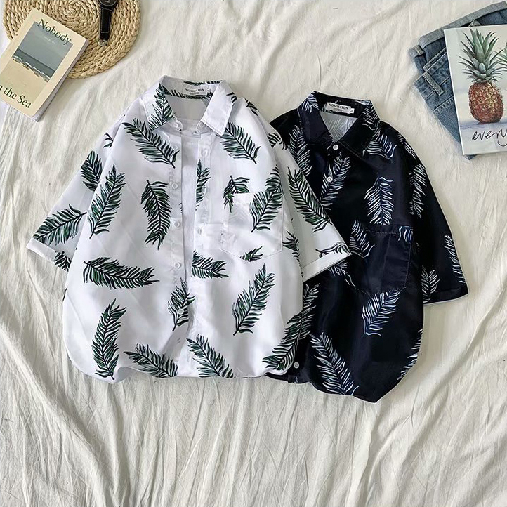✅ ลดล้างสต๊อค (S17 ลายขนนก) เสื้อเชิ้ตแขนสั้น Shirt แฟชั่น เสื้อเที่ยว M L XL XXL 2XL