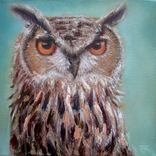 "Owl no.4" ภาพวาดสีน้ำมัน เทคนิคเกรียงปาดสี งานเพ้นท์บนเฟรมผ้าใบ canvas ขนาด 20 x 20 cm.