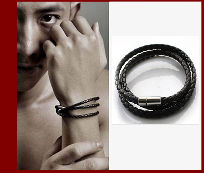 กำไลข้อมือหนังแฟชั่น สำหรับชาย หญิง สีดำ หนังคุณภาพดี ถอดออกและใส่ด้วยระบบแม่เหล็กสายหนังยาว 24 นิ้ว 1 300 กรัม
