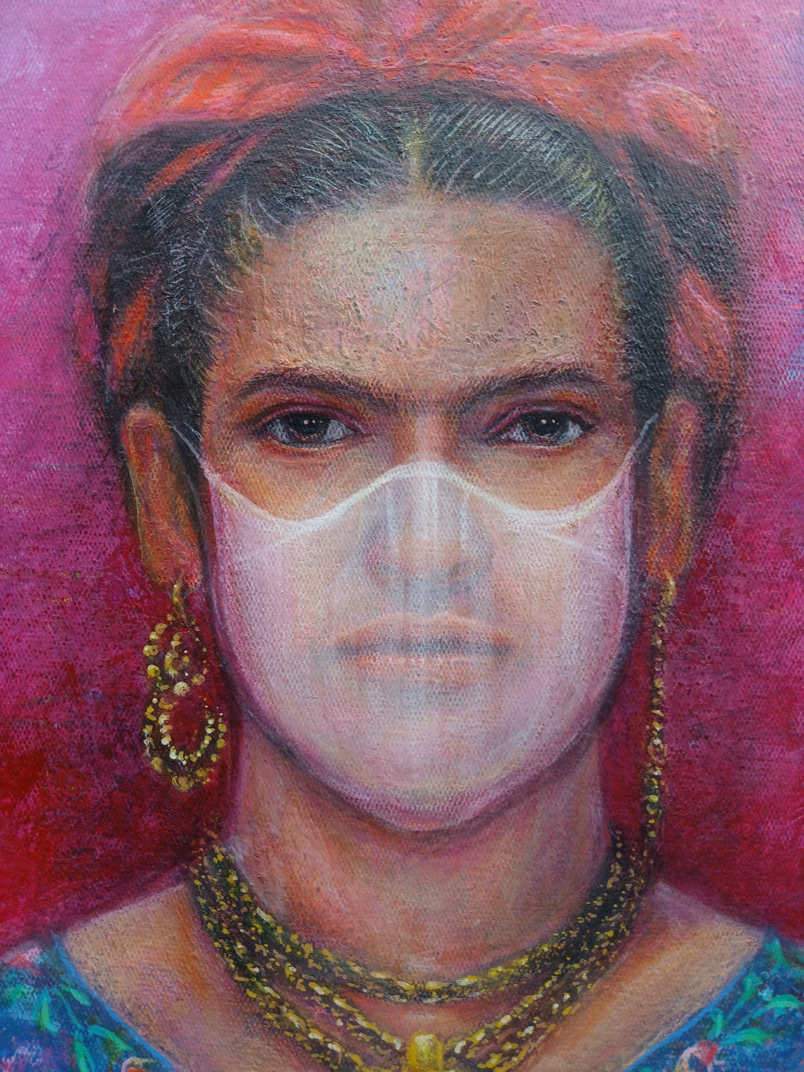 Frida Kahlo ภาพวาดสีอะครีลิค บนเฟรมผ้าใบ แสดงพื้นผิวไม่เรียบบางส่วน ขนาด 30 cm. x 40 cm. ขอบหนา 3 cm. งานเคลือบวานิชแล้วครับ